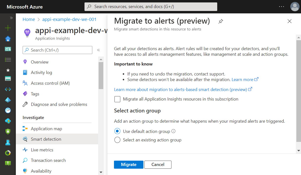 Switching to alert-based Smart Detection using Azure Portal