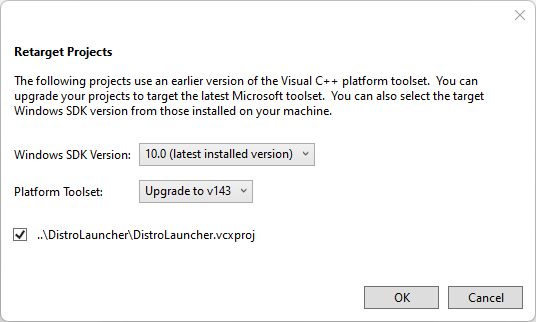 Retarget project using Visual Studio