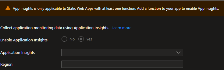 Application Insights blade of a v4 app with an outdated main: Warning that Application Insights is only applicable to Static Web Apps with at least one function, selection is empty and disabled